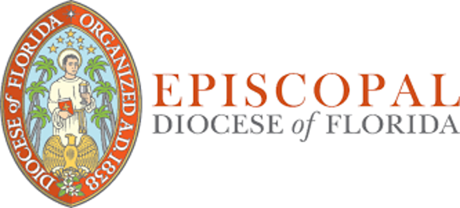 Logo of the Episcopal Diocese of Florida featuring an emblem with a person, palm trees, and an eagle, encircled by text and established date.
