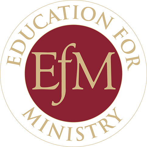 EfM-Logo Logo featuring the letters "EfM" in gold on a maroon background, encircled by "Education for Ministry" on a beige ring.